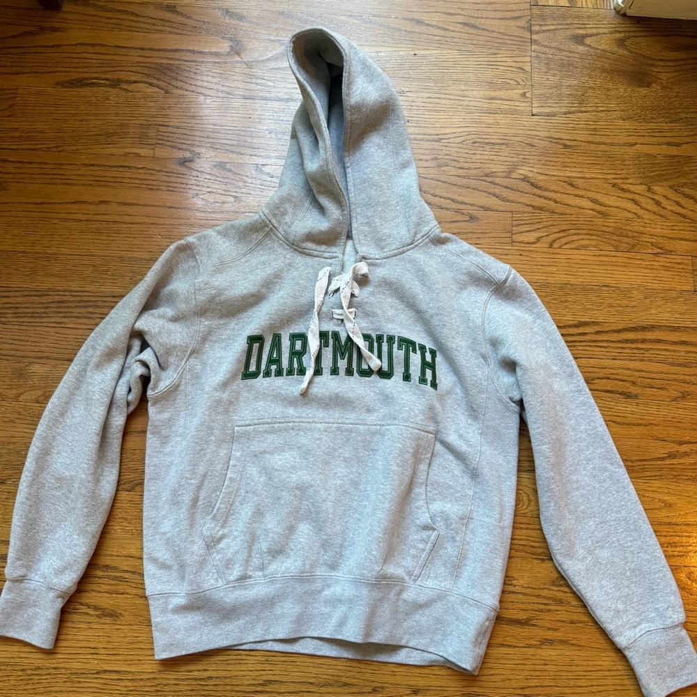 Gray Dartmouth hoodie with ties around neck